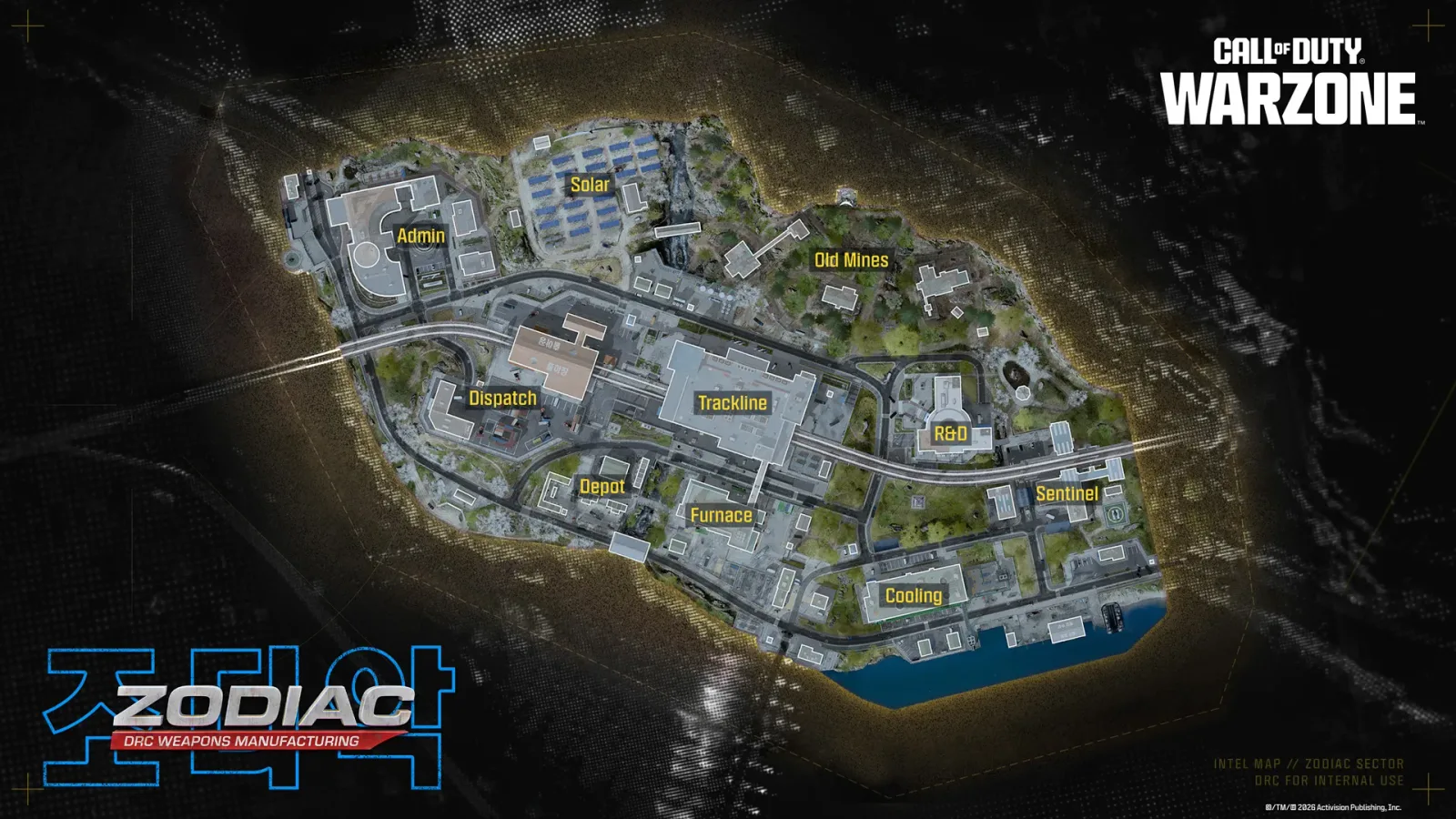 Official Call of Duty Warzone intel map of Zodiac showing ten labeled points of interest including Admin, Solar, Trackline, and Old Mines